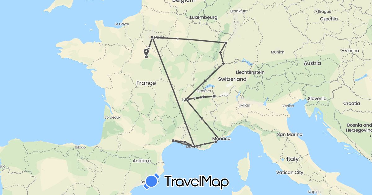 TravelMap itinerary: driving, motorbike in Switzerland, France (Europe)